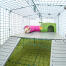 Omlet Zippi rabbit playpen with Zippi platforms, green Zippi shelter, Zippi play tunnel and rabbit