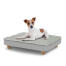 Dog sitting on a small Topology dog bed with quilted topper and wooden round feet Dog sitting on a small Topology dog bed with quilted topper and wooden round feet