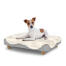 Dog sitting on a small Topology dog bed with sheepskin topper and wooden round feet Dog sitting on a small Topology dog bed with sheepskin topper and wooden round feet