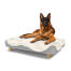 Dog sitting on a large Topology dog bed with sheepskin topper and wooden round feet Dog sitting on a large Topology dog bed with sheepskin topper and wooden round feet
