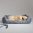 Golden retriever curled up in an Omlet nest bed in the forest fall pattern