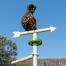 Chicken perching on the top of the weathervane chicken toy accessory for the Free Standing Universal Chicken Perch