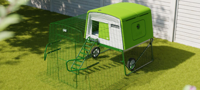 Omlet Eglu Cube in a garden with a 2m run and run handles Omlet Eglu Cube in a garden with a 2m run and run handles