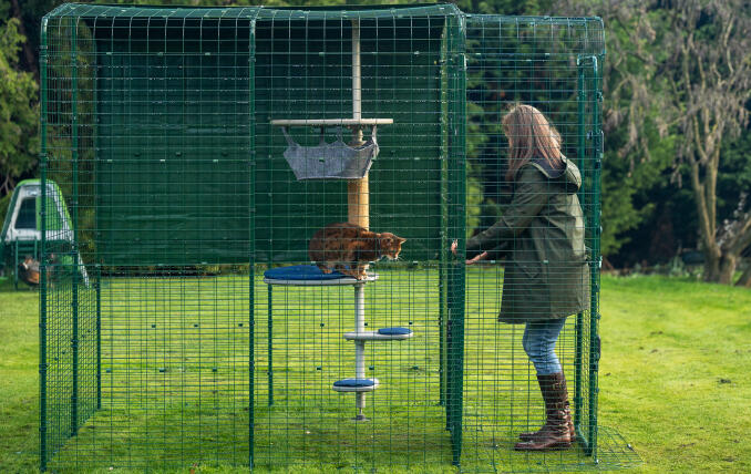 Owner opening the door of her customizable Outdoor Cat Run.