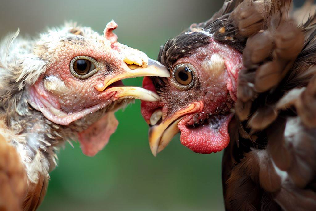 Chicken behaving aggressively to another member of the flock.