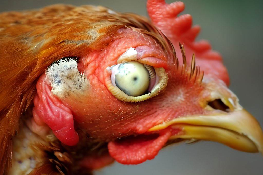 A chicken with eye irritation.