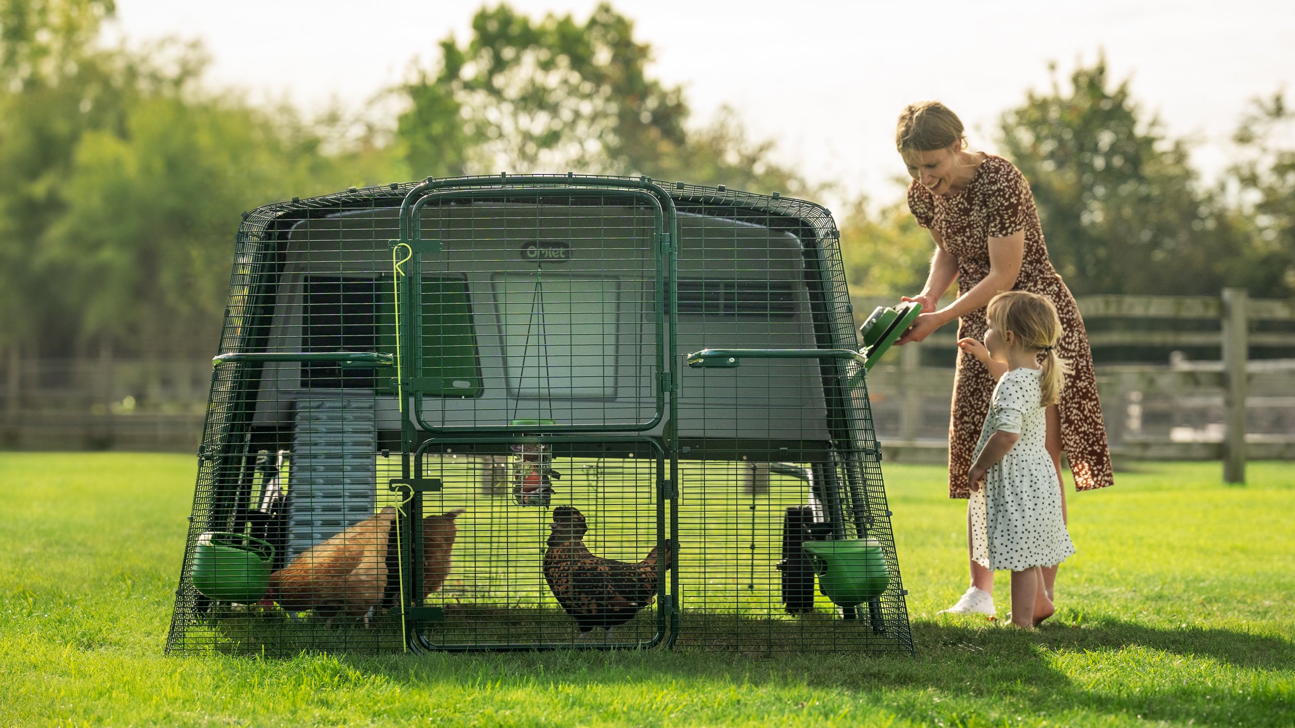 Mother and daughter looking at the chickens in the Eglu Pro chicken coop.