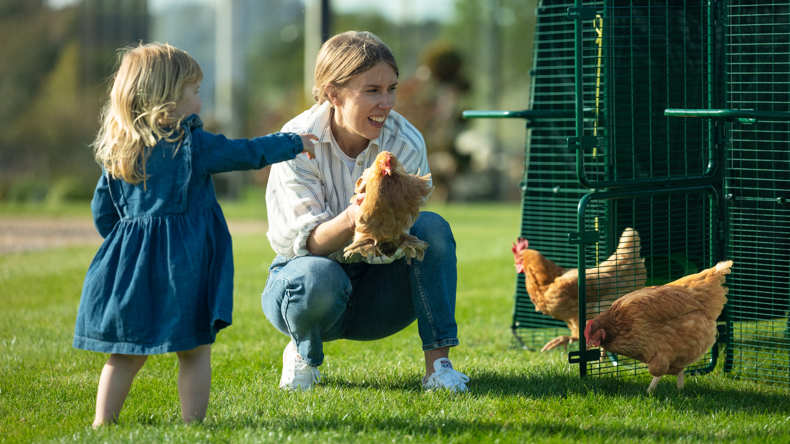 Woman enjoying holding a chicken outside the Omlet Eglu Pro Chicken Coop