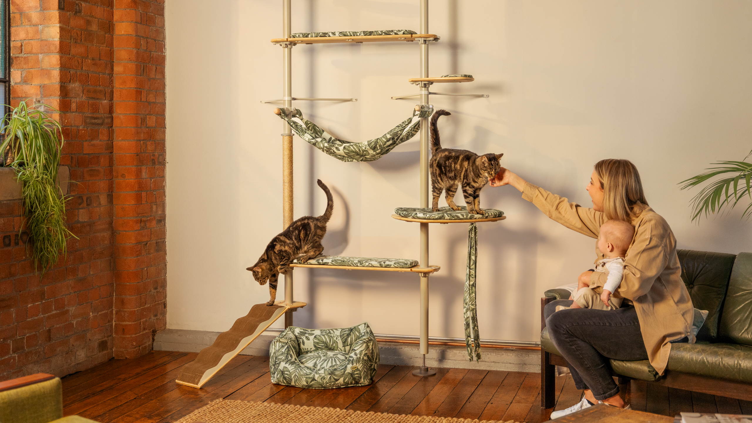 Woman playing with her cats on the Omlet Freestyle Cat Tree