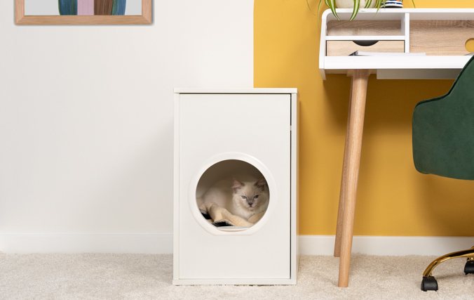 Cat sitting in modern cat bed furniture in Enclosed Space which Reduces Drafts and Disturbances