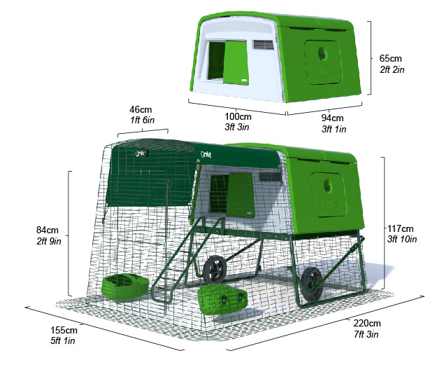 Diagram showing dimensions of Eglu Cube Chicken house with run.