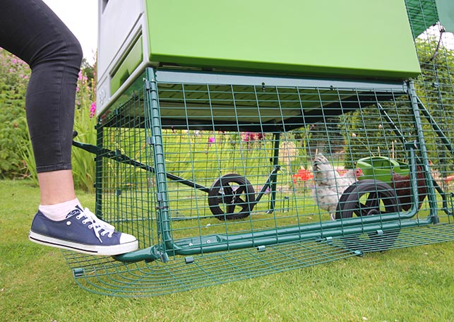 Using the wheels to move an Eglu Cube chicken house.