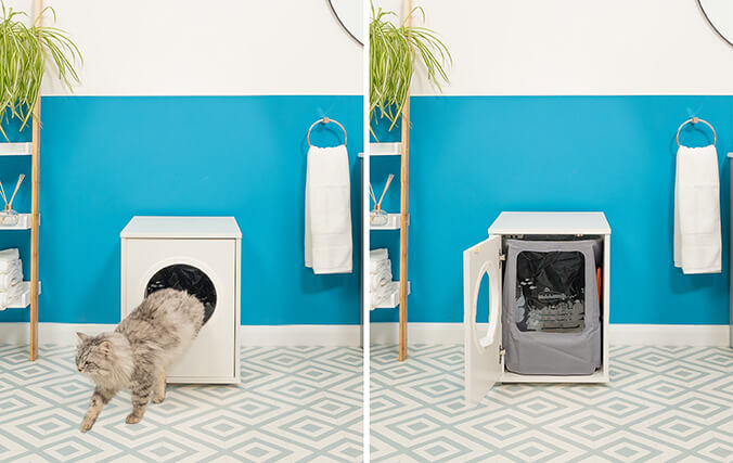 maya enclosed cat litter box with door closed and opened next to each other