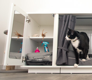 The Maya Nook closet keeps your cat toys and cat treats organized