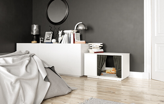 The Maya Nook cat house blends seamlessly into your home as a piece of contemporary furniture