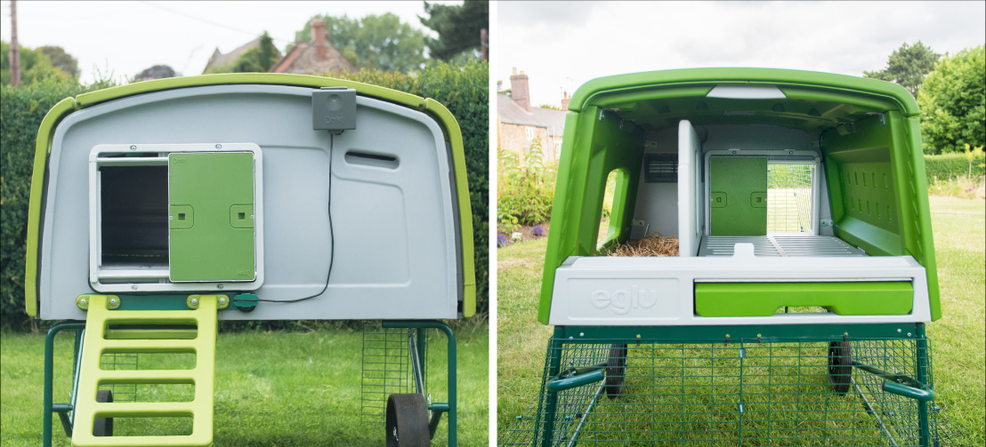 A Autodoor fitted on a green Eglu Cube chicken coop