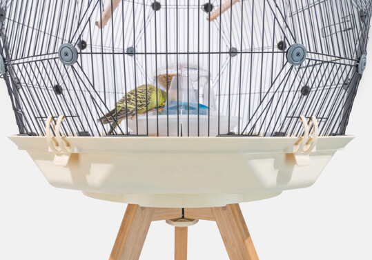 The Geo Bird Cage on a wooden stand with a cream colored base