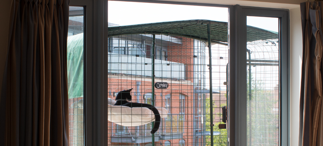 a cat lying on a bed inside a cat balcony