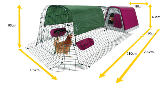 Diagram showing the dimensions of an Eglu Go modern chicken coop and run.