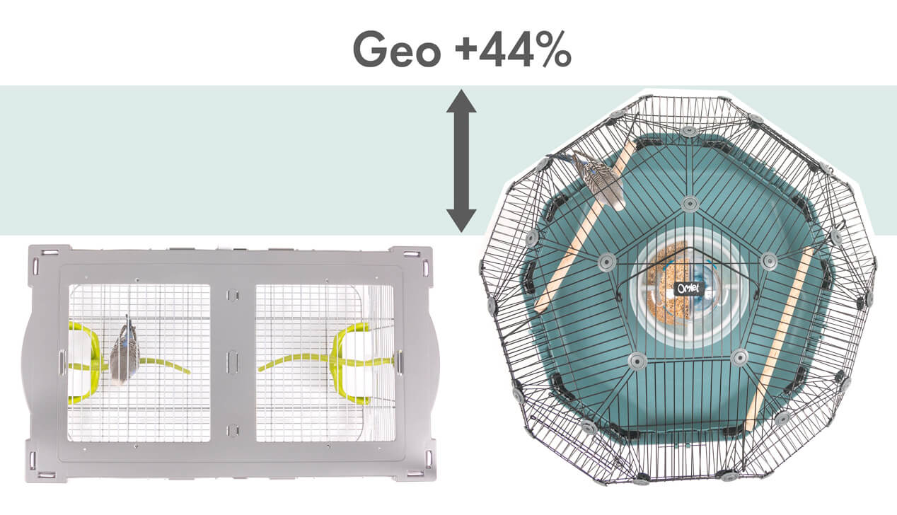 A graphic showing that the Geo Bird Cage provides 44% more space for birds than a traditional parakeet cage of comparable width